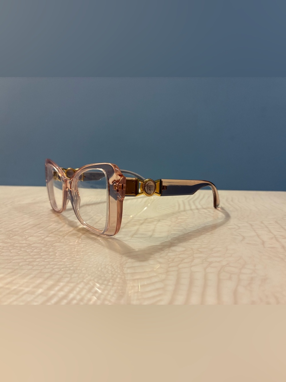 Versace Pink Transparent Square Glasses with Gold Trim